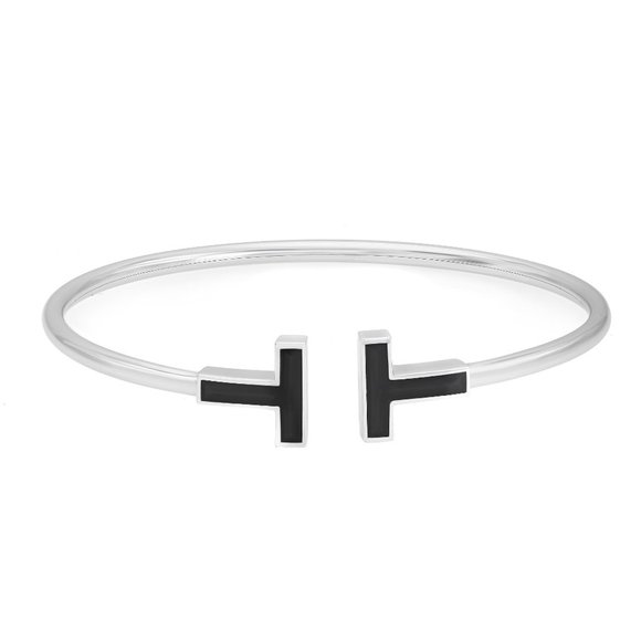 Tiffany & Co. T Black Onyx Wire Bracelet 18K White Gold Size Small - Picture 2 of 5
